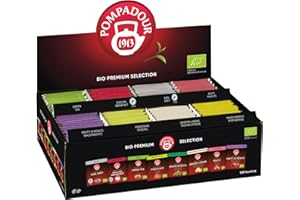 Pompadour, Bio Premium Selection Box, Cofanetto di Tè e Infusi Biologici Assortiti, 120 Filtri (8 Miscele Assortite da 15 Filtri), Selezione Pregiata di Tè e Infusi Senza Lattosio, Glutine e Allergeni