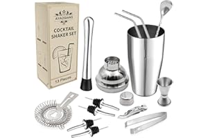 AYAOQIANG Ensemble de shakers à cocktail, 13 pièces,Shaker en acier inoxydable de 750 ml,Kit d'outils de bar avec double doseur, pilon, passoire, verseurs, tire-bouchon, cuillère à mélanger, pailles