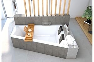 ECOLAM® Badewanne Trapezwanne Intima Duo Eckwanne für Zwei 180x125 cm RECHTS + Styroporverkleidung zum Verfliesen + Ablage Bambus + 2x Kopfstütze Ab- und Überlauf Automatik Füße Silikon