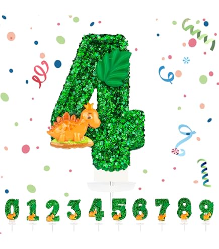 Dinosaurier Geburtstagskerze Mit Grünen Pailletten – 3D-Dino, Paraffin, Inkl. Basis & Stab, Für Kuchen & Cupcakes