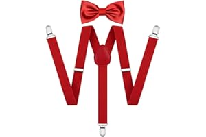 AOOWU Hosenträger für Herren, Breit 2.5 cm mit sehr Starken 3 Metall Clip, 2er Set mit farblich passender Fliege, Einstellbar und Elastisch Einheitsgröße für Männer und Damen, X Style (Rot)