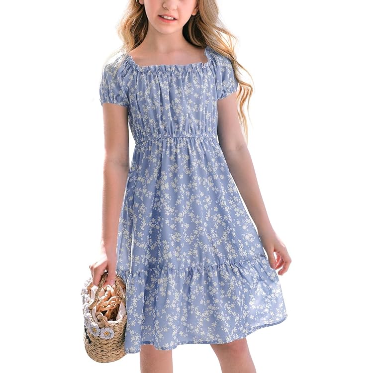 Meisjes Zomerjurk - Chiffon Jurk Met Bloemenprint, Verstelbare Bandjes, Voor Leeftijd 6-14 Jaar