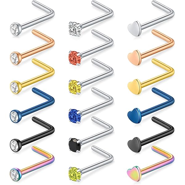 Lot 12 Piercings Nez Forme L Crdifu - Acier Inoxydable 316L 18G (1mm), Barre 7mm, Décor Coeur/boule/plat - Argenté