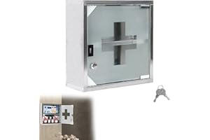 Suusolny Medizinschrank Apothekerschrank mit Glas Tür und 2 Schlüssel abschließbar Medikamentenschrank aus Edelstahl Hängend Arzneischrank - 2 Fächer 30 x 30 x 12 cm