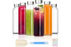 EkkoVla 500ml Glass Water Bottles - 6 Pack Glass Juice Bottles with Stainless Steel Lids - Reusable Leakproof Drinking Containers for Water, Milk, Smoothie, Hot & Cold Drinks