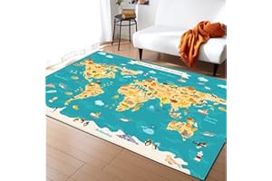 Xisnuient Alfombras para Niños Mapa del Mundo de Animales de Dibujos Animados Marrón Azul Pila Corta Moderna Grande Alfombra para Sala de Estar Alfombra de la Habitación Felpudo (Color 4,80x160 cm)