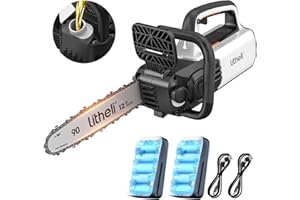 Litheli Battery Chainsaw Cordless, Hand Chainsaw with Brushless Motor, 12 In Saw Blade, 8 m/s Chain Speed, Automatic Lubrication System, Tool-free Adjustment, Incl. 2 Pcs 2.0 Ah Rechargeable Batteries
