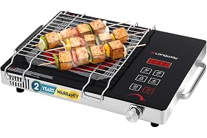 Longway Infralite Pro 2200W Infrared Hot Plate Cooktop with Steel Grill Rack, Crystal Glass Top, Touch Panel & Digital Display, 4 Preset Modes – Stir Fry, BBQ, Hot Pot & Steam, Black