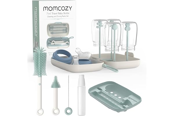 Momcozy Goupillon Biberon Silicone|Kit Nettoyage Voyage avec Brosse Tétine + Écouvillon + Boîte de Rangement|Support Séchage Intégré|Prêt pour Sortie Bébé