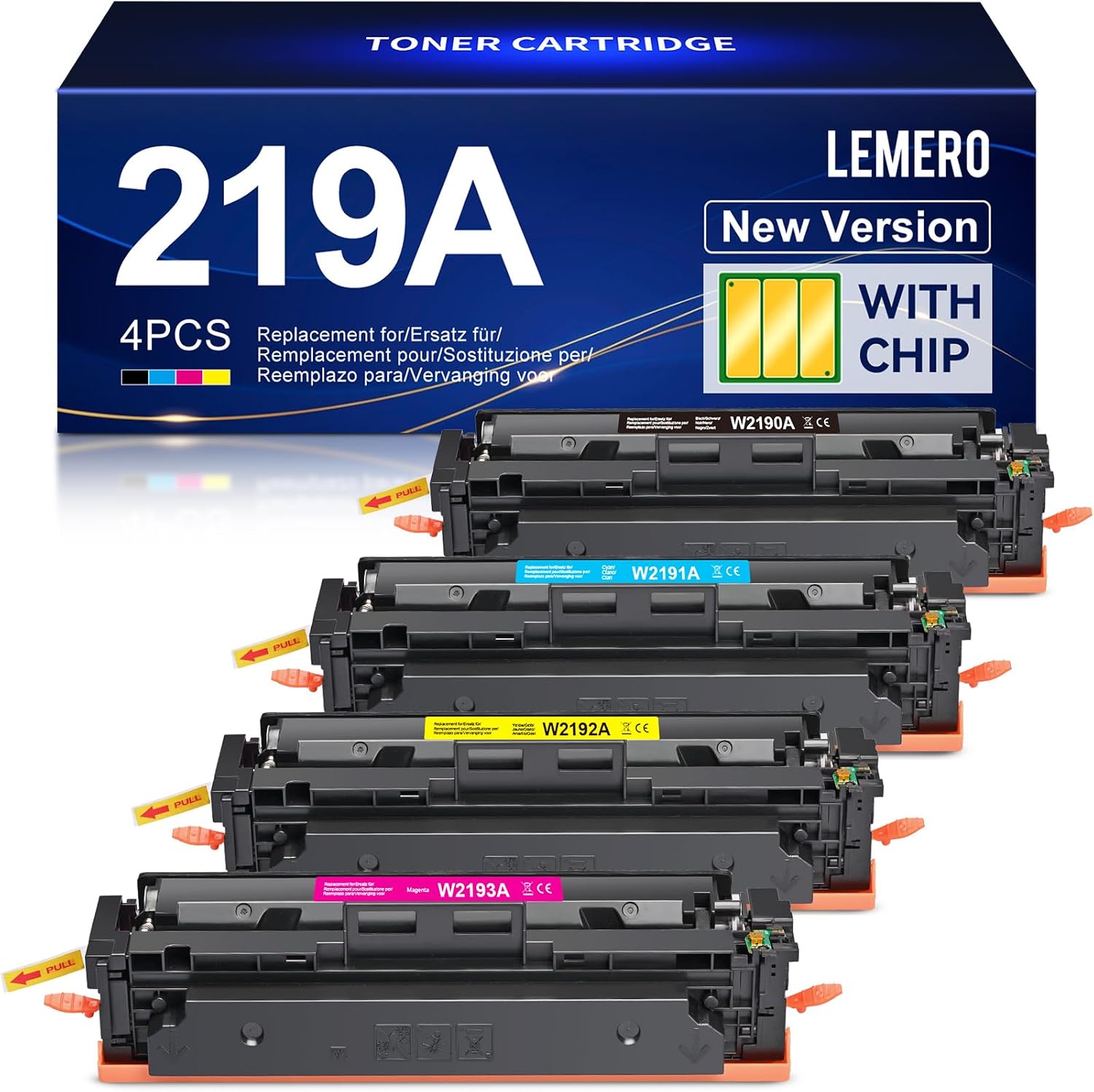 Lemero Tóner con chip 219A compatible con HP Color LaserJet Pro MFP 3302FDWG 3302SDWG 3302FDW 3302SDW 3302FDN 3202DW 3302FDNG 3202DN para HP 219 219X W2190A negro, cian, magenta y amarillo (4 unidades
