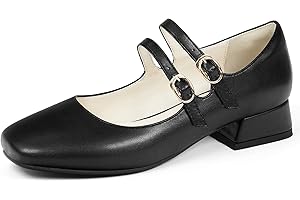 elerhythm Damen Mary Jane Square Closed Toe Casual mit doppeltem Knöchelriemen Flats Chunky Block Low Heel Schuhe