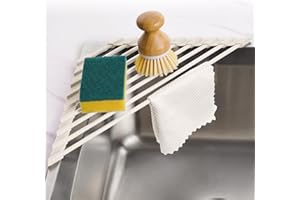 Tomorotec Scolapiatti triangolare compatto, con rivestimento in silicone, per angolo del lavandino, soluzione organizzativa pieghevole in acciaio inox e ripiano portaoggetti, di colore crema