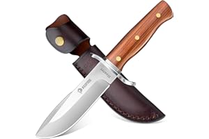NedFoss Coltello da caccia affilato Hunter, coltello da sopravvivenza per esterni, affilatore D2 con squisita custodia in pelle, manico in legno rosso, 59-60HRC, extra affilato, marrone