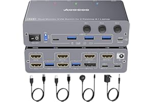 AOOCOO Switch KVM USB C 4K@60Hz, Dual Monitor KVM Switch per 2 PC e 1 Laptop con EDIDEmulation, 4 porte USB 3.0, alimentazione PD per laptop, telecomando via cavo, cavo USB incluso