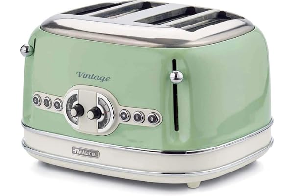 Ariete Vintage 4 Slices Toaster 156, Grille-Pain avec 6 Niveaux de Grillage, Éjection Automatique, Fonction Décongélation, Tiroir Ramasse-Miettes Amovible, Corps en Acier Inoxydable, 1600W, Vert