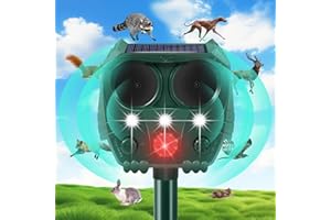 DRAGONLIONS Cat Repellent, Ultrasonic Solar Animal Repeller with Motion Sensor and Flashing Lights, Waterproof Rechargeable Animal Deterrent Devices Outdoor for Deer Dog Rabbit Skunk Yard Garden Farm