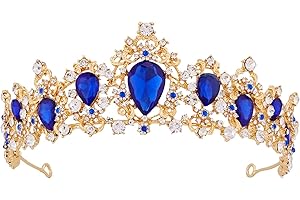 Vofler Crowns for Women, Gold Tiara w/Sapphire - Baroque Blue Crystal Rhinestone Head Piece Accessories for Princess Girls Queen Bridal Bride Birthday Wedding Prom Quinceanera Halloween Costume Party