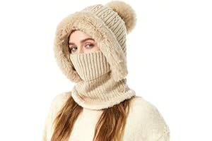 TAGVO Hiver Chaud Tricoté Bonnet Et Ensembles De Cache-Cou, Balaclava Chapeau Bonnet Tricoté Flexible Avec Boule De Poils, Cagoule Tricoté Femme pour Les Sports De Plein Air Taille Unique