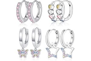 VERLUKY Ohrringe Mädchen Silber, Rosa/Blau Herz Stern Schmetterling Kleine Creolen Ohrringe Set, Zirkonia Hängeohrringe Mädchen, Creolen Kinder Silber, Hypoallergen Schlafen Knorpel Earings für Kinder