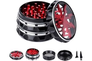 TIRIRS 6,3 cm, 4 Stück, transparente Oberseite Kräutermühle – Aluminium Gewürzmühle mit Pollenschaber und Reinigungsbürste – Schwarz und Rot