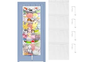 CERICAI Over Door Storage - Stuffed Animal Organiser with 4 Expandable Mesh Pockets, Breathable Hanging Plush Net Hammock Holder with Hooks, for Wardrobe, Bedroom, Bathroom, White