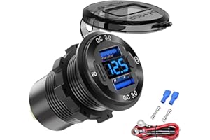 HAPYTRIP 12V Salida USB Alambre de Aluminio Cargador de Coche de Varios Puertos, Doble QC 3.0 USB y PD USB-C Socket con Interruptor de voltímetro para Coche Barco Camión Marino, Carga rápida para iPhone iPad