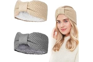 MELLIEX 2 Stück Strick Stirnband Winter Damen Elastische Haarreifen Gestrickte Stirnbänder Ohrenwärmer mit Fleece Innenfutter für Mädchen Damen, Grau, Beige