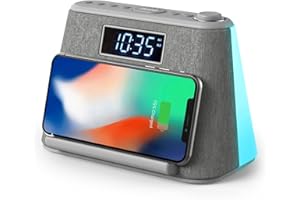 i-box Alarm Clocks Bedside, Alarm Clock with Wireless Charging, Bluetooth Speaker, FM Radio, Qi Wireless Charger, White Noise Machine, Night Light/Mood Light, USB Port, Dimmable, Non Ticking