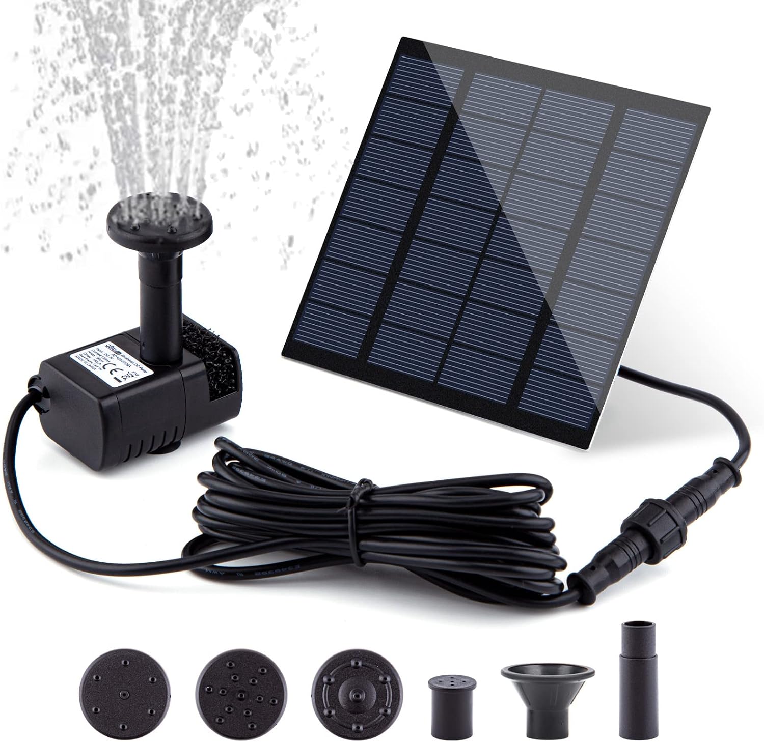 Solar Fountain Pump Kit With Separate Panel, 1.8 W Upgraded Water Pump, 3 M Cable & 4 Nozzles for Bird Bath, Outdoor Pond, Patio Garden and Fish Tank (Black)