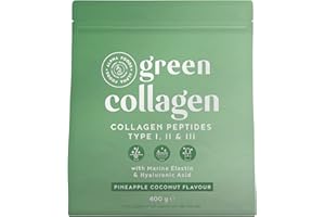 Alpha Foods Green Collagen Powder - z elastyną, kwasem hialuronowym - peptydami hydrolizatu kolagenu typu I, II, III, eliksir z surowych zielonych źródeł składników odżywczych, takich jak spirulina, z kompleksem kultur - Pina Colada - 400g