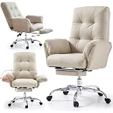 EMIAH Ergonomic Office Chair with Folding Armrests,PU Leather,Beige | Executive Reclining Desk Chair with Footrest, Computer