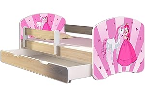 ACMA Letto per Bambino Cameretta per Bambino con Materasso Cassetto II Rovere Sonoma (08 La principessa con il pony, 160x80 + Cassetto)