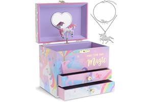 Jewelkeeper Unicorn Jewelry Box - Music Box for Girls - Little Girls Wooden Jewelry Set of 3 with 100% Nickel-free Stainless Steel Unicorn Bracelet and Matching Necklace - 17.1 x 11.4 x 14.9 cm