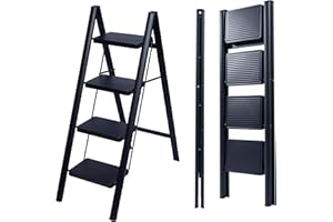 UZIRO Escabeau Pliable 4 Marches, Échelle de Sécurité avec Pieds Antidérapants, Tabouret de Step Idéal pour Maison, Cuisine, Bureau, Ladders Design Compact et Durable (Noir, 4 Marches)