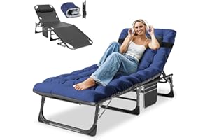 Obqer Folding Sun Loungers, 200KG Capacity Camping Bed with Cushion and Side Pockets, Adjustable Backrest, Easy to Assemble, Camp Beds for Adults, Guest Bed for Garden Pool Sunbathing