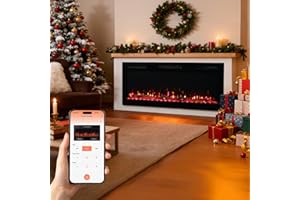 HOMAVO 50 Zoll Elektrokamin, 1000W/2000W Elektrokamin mit Heizung, 12 3D-Flammenfarben, 12 Holzfeuerfarben, Fernbedienung & App-Steuerung, inklusive Schrank