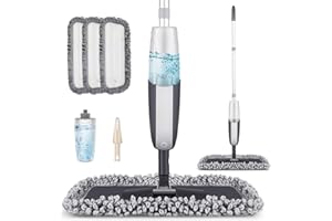 MANGOTIME Spray Mop for Floor Cleaning - Microfibre Dry Wet Mop for Laminate Wooden Vinyl Hardwood Tile LVT Floors with 3 Washable Pads 1 Refillable Bottle 1 Scraper (Black)