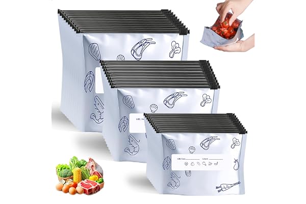 Aluminiumfolie fryspåsar, fryspåsar återanvändbara, fryspåsar dragkedja med etikett, fryspåsar för skaldjur, grönsaker, mjölk, snacks, kött, 30 stycken