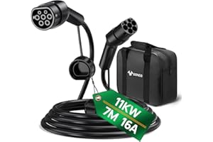 GONEO Câble de Recharge Type 2 11KW 7M 16A Voiture Électrique Triphasé Type 2 Câble EV/PHEV Câble T2 avec Sac de Transport Compatible 3/S/X/Y/e-208/ID.5/E-Tron/IONIQ 5/ Zoe/e-Golf