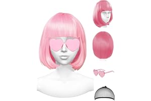 PLANTURECO Pink Wig and Party Sunglasses, Pink Wigs for Women, Pink Wig with Bangs, Light Pink Wig, Pink Bob Wig, Pink Cosplay Wigs and Party Wigs - Bachelorette Party Wigs Decorations Favors