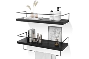 DifferTemp Wall Shelf, Floating Shelf, Shelf Wall with Metal Towel Holder, Hanging Shelf, Shelf, Kitchen Shelf Wall, Shelf Hanging for Bathroom, Bedroom, Living Room, Spice Rack Wall, Black