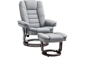 HOMCOM Recliner Chair With footstool, Recliner Armchair up to 130kg Weight Capacity, 135° Reclining Swivel Sofa Chair, PU Leather Ergonomic Couch Bed with Swivel Wood Base for Living Room, Grey
