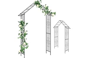 TANGZON 222CM Metal Garden Arch, Heavy Duty Pergola Arbor Trellis with Stylish Roof-shaped Top & 4 Ground Stakes, Outdoor Plants Roses Vines Climbing Plants Support Archway for Wedding Party Lawn Walk
