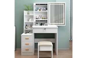 Zeaper Schminktisch mit LED-Beleuchtung Spiegel,Schminktisch mit Stuhl, Frisiertisch mit 3 Schubladen, 5 Ablagen, Modern Kosmetiktisch aus Holz, Weiß（125）