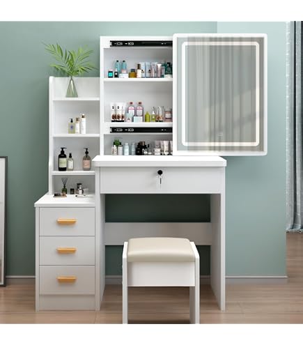 Coiffeuse Blanche Avec Miroir LED 3 Couleurs - 5 Tiroirs + Tabouret - MDF 80x40x140cm