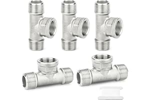 TAISHER 5 PCS 304 Stainless Steel Tee Pipe Fittings, 1/4" BSP Male x BSP Female x BSP Male Pipe Fittings, Female Branch Tee