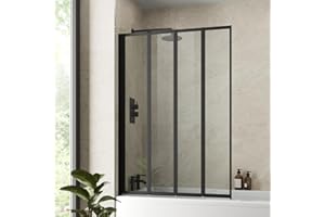 Luxura® 4 Panel 1400 x 1000mm Black Over Bath Shower Screen Folding Hinged Door Glass Panels & Screens for Baths, 4mm Toughened Safety Glass, 180° Pivot Swing, Reversible