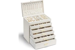 Vlando 6 Layer Large Jewellery Box, Jewellery Box Organiser with Necklace Holder, Jewellery Storage for Ring Bracelet and Watch, Gift for Women (Apricot White/Beige)