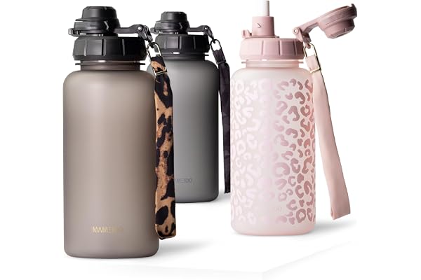 MAMEIDO Gourde avec Paille 1 l, Marqueur de Temps de Motivation, Gourde Sport avec Dragonne, Gourde étanche, Bouteille d'eau sans BPA, Water Bottle (Urban Taupe)