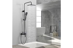 kisimixer Shower System with Diverter Black, Shower Mixer Set with 8” Square Shape Overhead Rainfall Shower, 3-Spray Handheld Shower and 1,5m Hose, Manual Shower Mixer Tap Wall Mounted, Matte Black